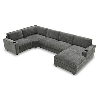 Merax U-Shaped 6-Seat Chenille Sectional Sofa Set with Oversized Chaise Lounge, Corner Couch