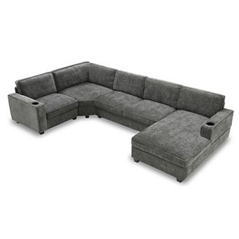 Merax U-Shaped 6-Seat Chenille Sectional Sofa Set with Oversized Chaise Lounge, Corner Couch