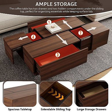 Merax Rectangular Sliding Top Coffee Table with 2 Drawers and 2 Hidden Storage for Living Room
