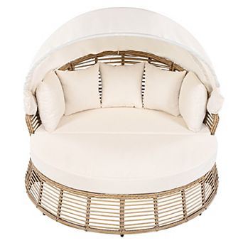 Merax Outdoor Patio Rattan Round Daybed with Retractable Canopy