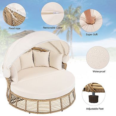 Merax Outdoor Patio Rattan Round Daybed with Retractable Canopy