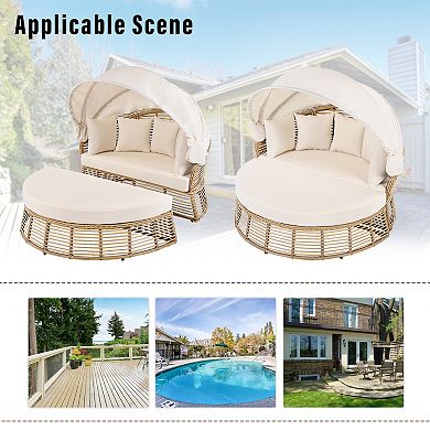 Merax Outdoor Patio Rattan Round Daybed with Retractable Canopy