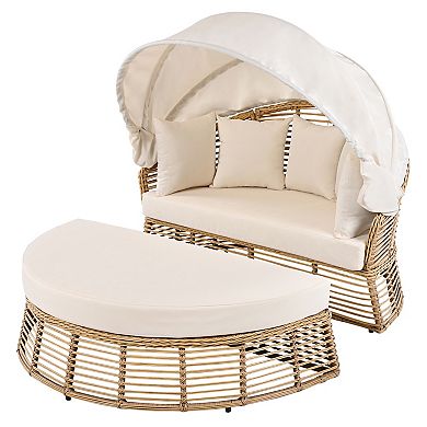 Merax Outdoor Patio Rattan Round Daybed with Retractable Canopy
