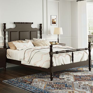 Vintage Country Style Wood Four Poster Platform Bed with 56.9" High Crown-like Headboard