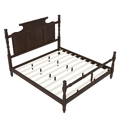 Vintage Country Style Wood Four Poster Platform Bed with 56.9" High Crown-like Headboard