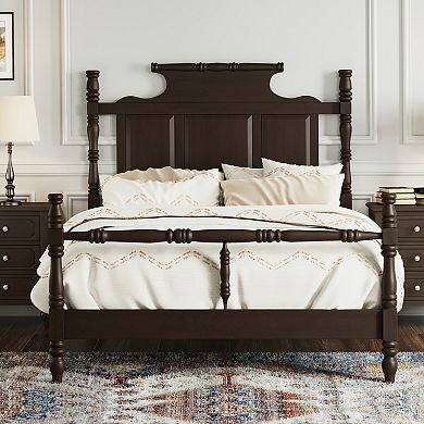 Vintage Country Style Wood Four Poster Platform Bed with 56.9" High Crown-like Headboard