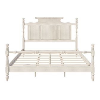 Vintage Country Style Wood Four Poster Platform Bed with 56.9" High Crown-like Headboard