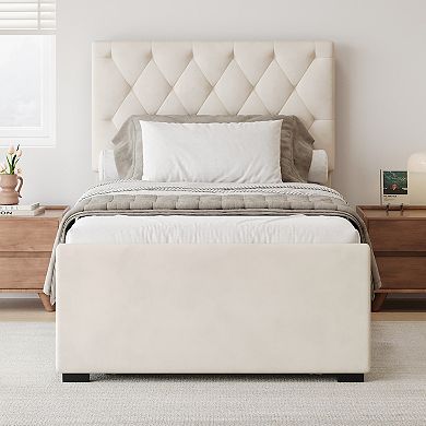 Merax Velvet Fabric Upholstered Platform Bed with Trundle Bed and Adjustable Button Tufted Headboard