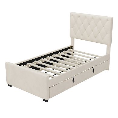Merax Velvet Fabric Upholstered Platform Bed with Trundle Bed and Adjustable Button Tufted Headboard