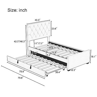 Merax Velvet Fabric Upholstered Platform Bed with Trundle Bed and Adjustable Button Tufted Headboard