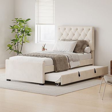 Merax Velvet Fabric Upholstered Platform Bed with Trundle Bed and Adjustable Button Tufted Headboard