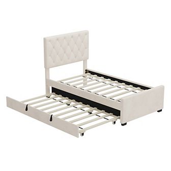 Merax Velvet Fabric Upholstered Platform Bed with Trundle Bed and Adjustable Button Tufted Headboard