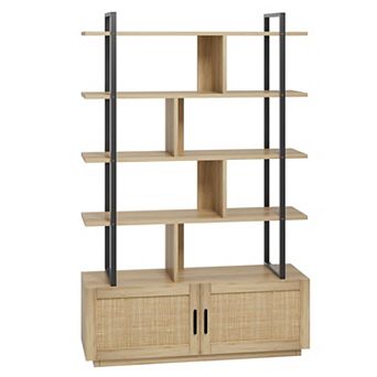5 tier Rattan Bookshelf with Storage Cabinet & Door, 71.1 Inch Tall Industrial Book Shelf