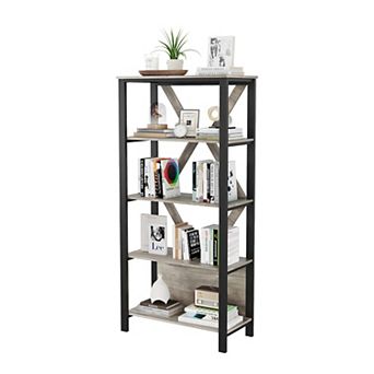 5 tier LED Bookshelf with Open Shelves, Wood and Metal Bookcase for Living Room, Bedroom, Office