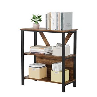 3 tier Bookshelf with LED Lights, Wood and Metal Open Display Shelves for Living Room, Bedroom