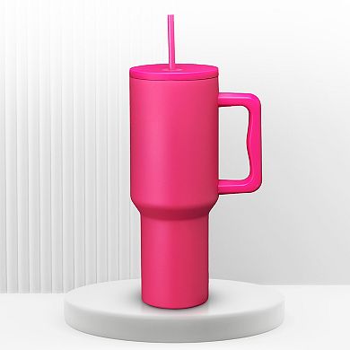 Cheer Collection 40oz Hot Pink Insulated Tumbler with Handle & Straw Leakproof Travel Mug