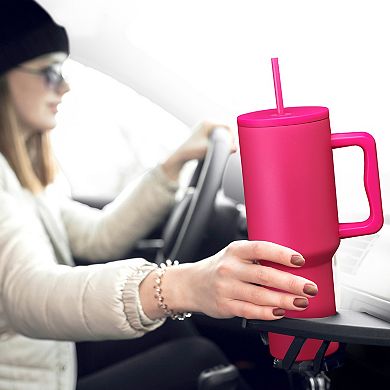 Cheer Collection 40oz Hot Pink Insulated Tumbler with Handle & Straw Leakproof Travel Mug