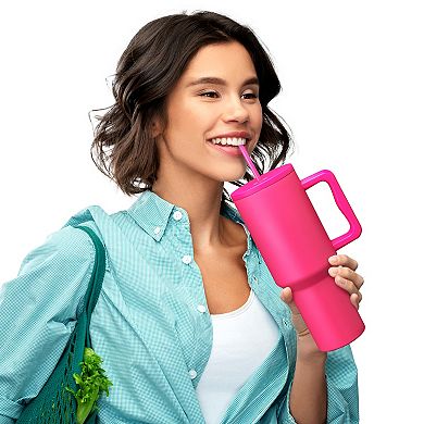 Cheer Collection 40oz Hot Pink Insulated Tumbler with Handle & Straw Leakproof Travel Mug