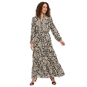 Women's London Times Ruffle Neck Smock Waist Long Bishop Sleeve Dress