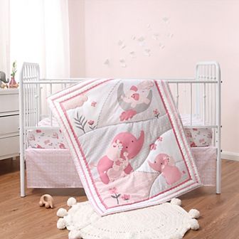 The Peanutshell 3 pc Pink Elephant Crib Bedding Set
