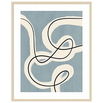Minimalist line art in blue grey by Little Dean Wood Framed Wall Art Print