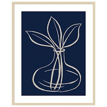 Line Leaves In Vase On Navy I by Elizabeth Medley Wood Framed Wall Art Print