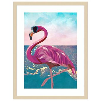 Flamingo goes to the beach by Sarah Manovski Wood Framed Wall Art Print
