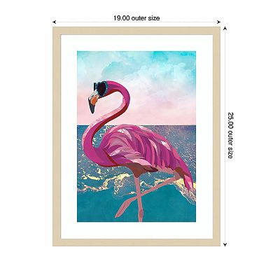 Flamingo goes to the beach by Sarah Manovski Wood Framed Wall Art Print