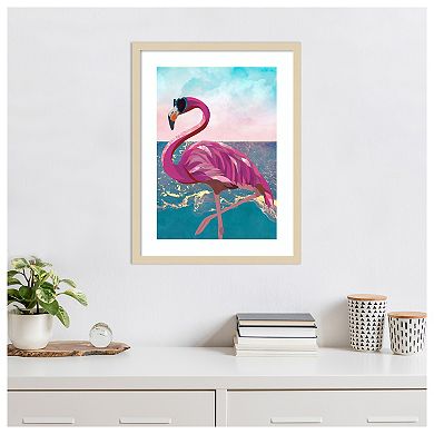 Flamingo goes to the beach by Sarah Manovski Wood Framed Wall Art Print