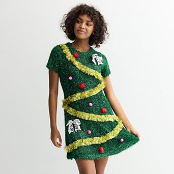 Juniors' Born Famous Holiday Tinsel Tree Sweater Dress
