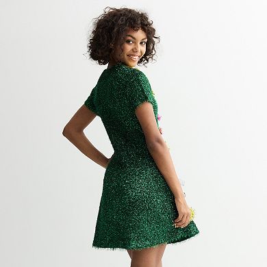 Juniors' Born Famous Holiday Tinsel Tree Sweater Dress
