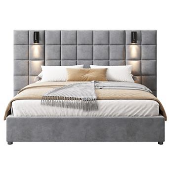 Merax Upholstered bed,with reading lamp and USB port, wide headboard