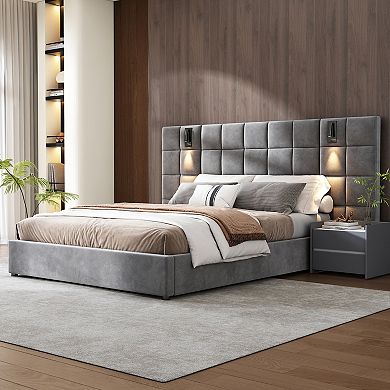 Merax Upholstered bed,with reading lamp and USB port, wide headboard