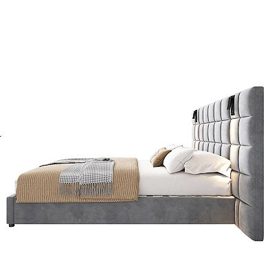 Merax Upholstered bed,with reading lamp and USB port, wide headboard
