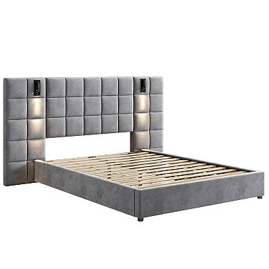 Merax Upholstered bed,with reading lamp and USB port, wide headboard