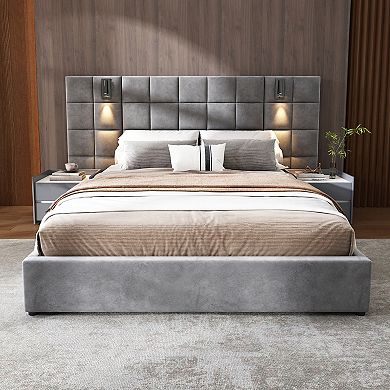 Merax Upholstered bed,with reading lamp and USB port, wide headboard