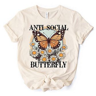 Anti Social Butterfly T-Shirt, Retro White and Natural Tee for Quirky and Independent Women
