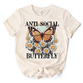 Anti Social Butterfly T-Shirt, Retro White and Natural Tee for Quirky and Independent Women