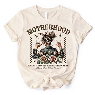 Motherhood Mama Rock T-Shirt, Retro White and Natural Tee for Strong and Rocking Mothers