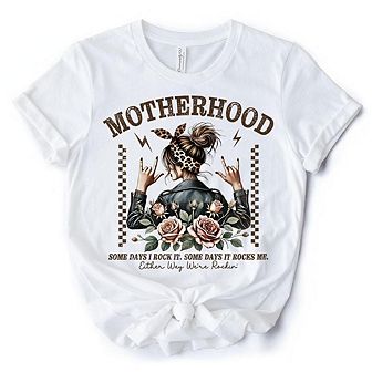 Motherhood Mama Rock T-Shirt, Retro White and Natural Tee for Strong and Rocking Mothers