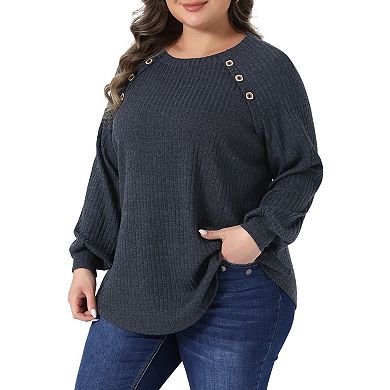 Plus Size Tops for Women Casual Long Sleeve Crew Neck Button Decoration Ribbed Knit Pullover Blouses