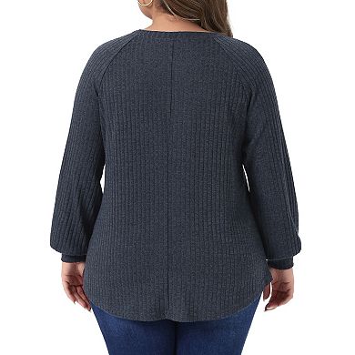 Plus Size Tops for Women Casual Long Sleeve Crew Neck Button Decoration Ribbed Knit Pullover Blouses