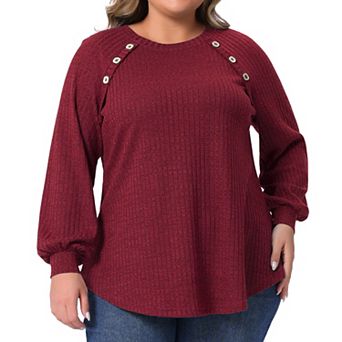Plus Size Tops for Women Casual Long Sleeve Crew Neck Button Decoration Ribbed Knit Pullover Blouses