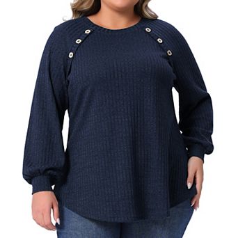 Plus Size Tops for Women Casual Long Sleeve Crew Neck Button Decoration Ribbed Knit Pullover Blouses