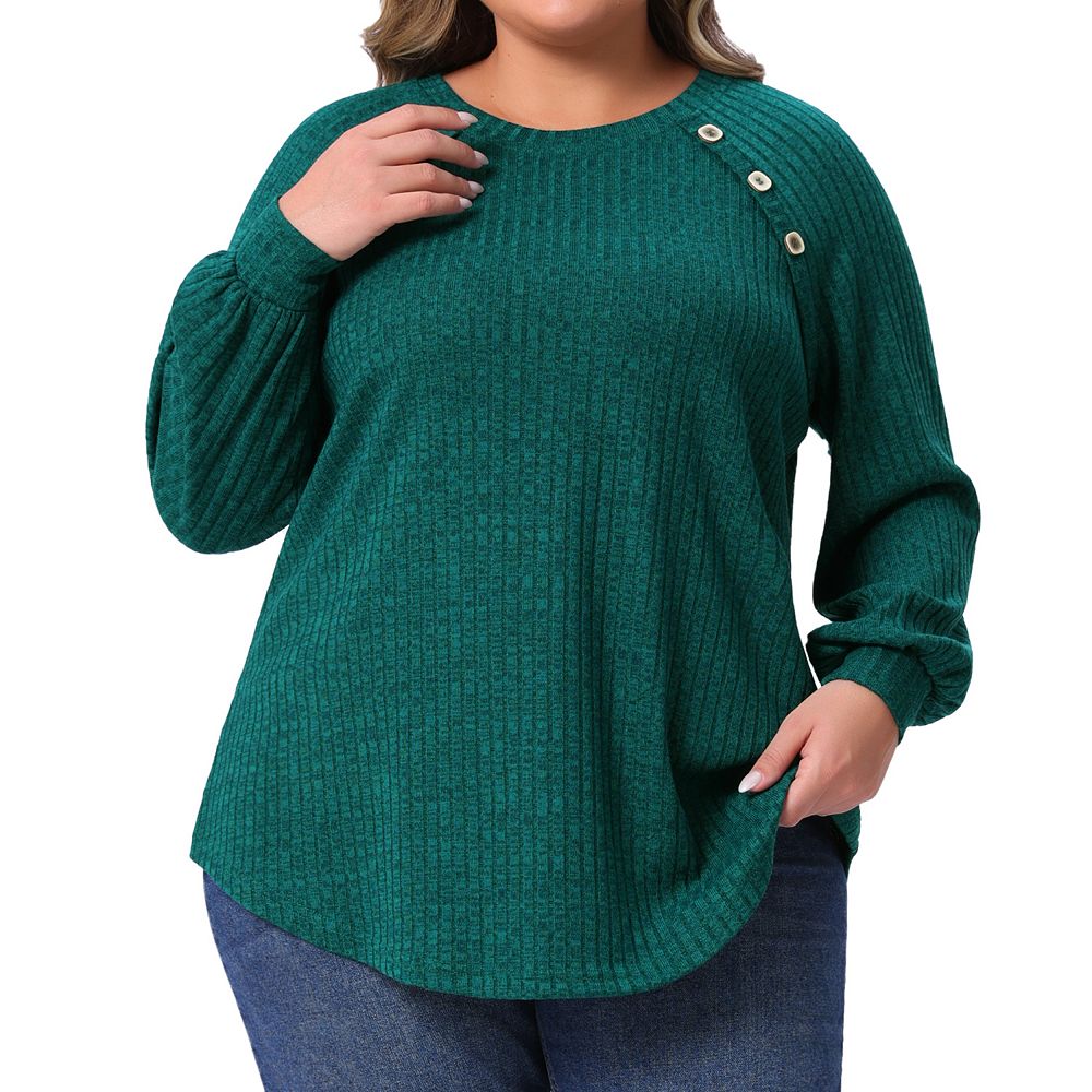 Full Size Denim Trim Button Front Ribbed Knit Top Plus Size