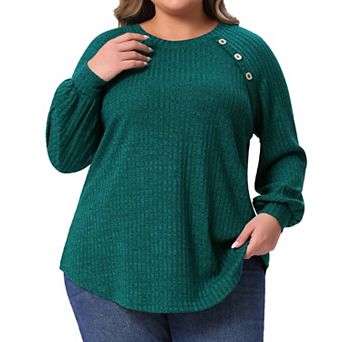 Plus Size Tops for Women Casual Long Sleeve Crew Neck Button Decoration Ribbed Knit Pullover Blouses