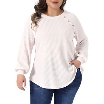 Plus Size Tops for Women Casual Long Sleeve Crew Neck Button Decoration Ribbed Knit Pullover Blouses