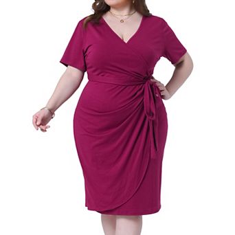 Plus Size V Neck Ruched Wrap Dress with Belt Summer Pleated Bodycon Midi Dress for Curvy Women