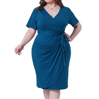 Plus Size V Neck Ruched Wrap Dress with Belt Summer Pleated Bodycon Midi Dress for Curvy Women