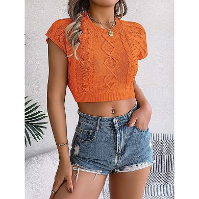 Women Spring and Summer Sweater Casual Short Sleeve Knitted Pullover Round Neck Top